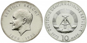 Gedenkmünzen der DDR
10 Mark 1973, Brecht. Randschrift läuft links herum. prägefrisch. Jaeger 1544.