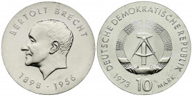 Gedenkmünzen der DDR
10 Mark 1973, Brecht. Randschrift läuft rechts herum. prägefrisch. Jaeger 1544.