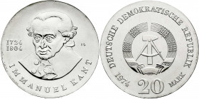 Gedenkmünzen der DDR
20 Mark 1974, Kant. Randschrift läuft rechts herum. prägefrisch. Jaeger 1549.