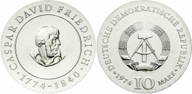 Gedenkmünzen der DDR
10 Mark 1974, Caspar David Friedrich. Randschrift läuft links herum. Stempelglanz. Jaeger 1553.