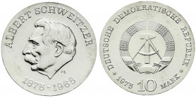 Gedenkmünzen der DDR
10 Mark 1975, Schweitzer. Randschrift läuft links herum. prägefrisch. Jaeger 1554.