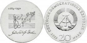 Gedenkmünzen der DDR
20 Mark 1975, Bach. Randschrift läuft rechts herum. fast Stempelglanz. Jaeger 1555.