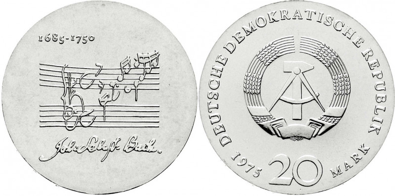 Gedenkmünzen der DDR
20 Mark 1975, Bach. Randschrift läuft links herum. fast St...
