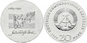 Gedenkmünzen der DDR
20 Mark 1975, Bach. Randschrift läuft links herum. fast Stempelglanz. Jaeger 1555.