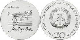 Gedenkmünzen der DDR
20 Mark 1975, Bachprobe mit vertieftem Notenzitat. Randschrift läuft links herum. vorzüglich/Stempelglanz, winz. Randfehler, kl....