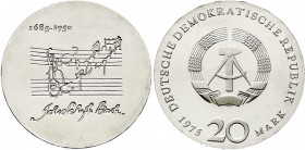 Gedenkmünzen der DDR
20 Mark 1975, Bachprobe mit vertieftem Notenzitat. Randschrift läuft rechts herum. vorzüglich/Stempelglanz. Jaeger 1555 P.