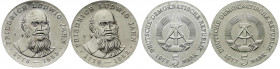 Gedenkmünzen der DDR
2 X 5 Mark 1977, Jahn, 2 X mit links umlaufender Randschrift. beide prägefrisch. Jaeger 1564.