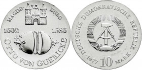 Gedenkmünzen der DDR
10 Mark 1977. Guericke. Randschrift läuft links herum. Stempelglanz. Jaeger 1565.