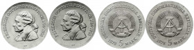 Gedenkmünzen der DDR
2 X 5 Mark 1978, Klopstock, mit links und rechts umlaufender Randschrift. beide prägefrisch. Jaeger 1566.