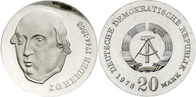Gedenkmünzen der DDR
20 Mark 1978, Herder. Polierte Platte, offen in Kapsel. Jaeger 1570.