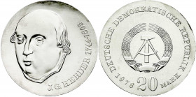 Gedenkmünzen der DDR
20 Mark 1978, Herder. Randschrift läuft links herum. prägefrisch. Jaeger 1570.