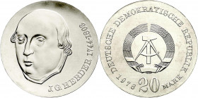 Gedenkmünzen der DDR
20 Mark 1978, Herder. Randschrift läuft rechts herum. prägefrisch. Jaeger 1570.