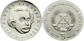 Gedenkmünzen der DDR
5 Mark 1979, Einstein. Randschrift läuft links herum. prägefrisch. Jaeger 1572.