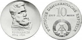 Gedenkmünzen der DDR
10 Mark 1979, Feuerbach. Randschrift läuft links herum. Stempelglanz. Jaeger 1574.