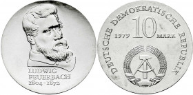 Gedenkmünzen der DDR
10 Mark 1979, Feuerbach. Randschrift läuft rechts herum. Stempelglanz. Jaeger 1574.