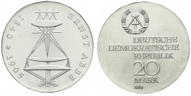 Gedenkmünzen der DDR
20 Mark 1980, Abbe. Randschrift läuft rechts herum. prägefrisch. Jaeger 1575.