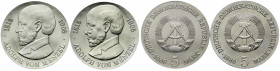 Gedenkmünzen der DDR
2 X 5 Mark 1980, Menzel, mit links und rechts umlaufender Randschrift. Stempelglanz. Jaeger 1576.