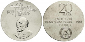 Gedenkmünzen der DDR
20 Mark 1981, Stein. Randschrift läuft rechts herum. Stempelglanz. Jaeger 1579.