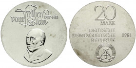 Gedenkmünzen der DDR
20 Mark 1981, Stein. Randschrift läuft links herum. prägefrisch. Jaeger 1579.