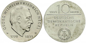 Gedenkmünzen der DDR
10 Mark 1981, Hegel. Randschrift läuft links herum. Stempelglanz. Jaeger 1581.