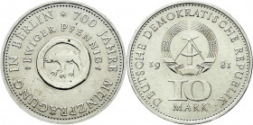 Gedenkmünzen der DDR
10 Mark 1981, 700 Jahre Münzprägung in Berlin. Randschrift läuft links herum. Stempelglanz. Jaeger 1582.