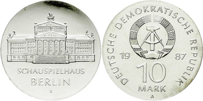 Gedenkmünzen der DDR
10 Mark 1987 A, Schauspielhaus Berlin. Randschrift läuft l...