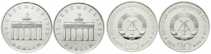 Gedenkmünzen der DDR
2 X 20 Mark Brandenburger Tor 1990 A, Silber. 1 X Randschr...