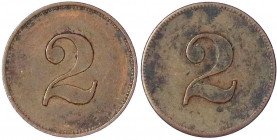 Kaiserreich
Reichskleinmünzen
2 Pfennig Probe Kupfer o.J. Beiderseits nur Wertzahl "2". 2,02 g. sehr schön/vorzüglich, fleckig. Schaaf - (vgl. 2/G1)...