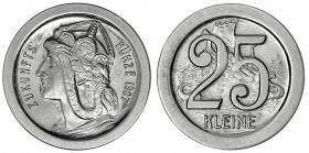 Kaiserreich
Reichskleinmünzen
25 KLEINE (Pfennig) 1907. Nickel. Germaniakopf n.l. ZUKUNFTSMÜNZE/Wertziffer, dahinter Wikingerschiff. vorzüglich/Stem...