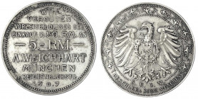 Kaiserreich
Bayern
5 Mark Reklamemarke o.J. A. Weichhart, München. D.R.G.M. Deschler & Sohn, München. Messing versilbert. 23,00 g. Opalka WK28 p.20....
