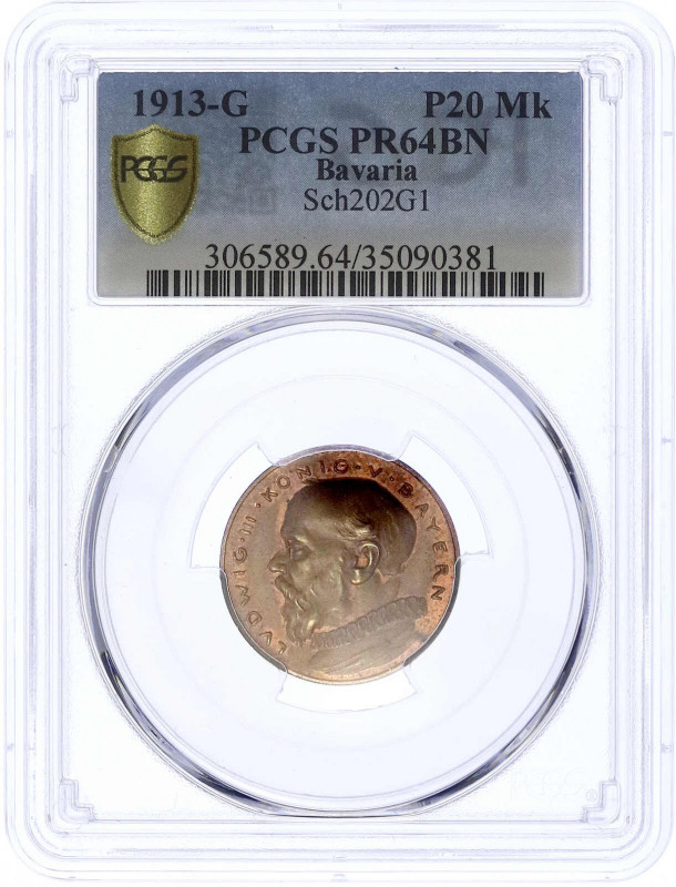 Kaiserreich
Bayern
20 Mark 1913, von Karl Goetz, München. Bronze. PCGS Grading...