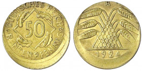 Weimarer Republik
50 Rentenpfennig 1924. Stark (ca. 20 %) dezentriert und ohne Randriffelung. vorzüglich, selten. Jaeger 310.