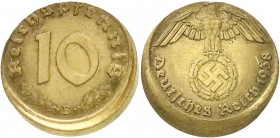 Drittes Reich
10 Reichspfennig 1938 B, ca. 10% dezentriert geprägt. vorzüglich. Jaeger 364.