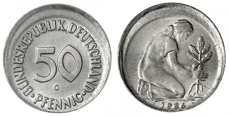 Bundesrepublik Deutschland
50 Pfennig 1966 G. Stark (ca. 20 %) dezentriert vorz...