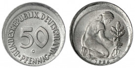Bundesrepublik Deutschland
50 Pfennig 1966 G. Stark (ca. 20 %) dezentriert vorzüglich/Stempelglanz. Jaeger 384.