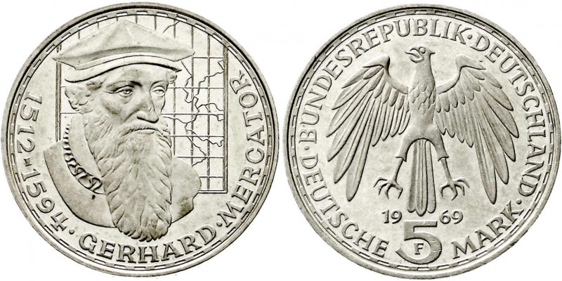 Bundesrepublik Deutschland
5 Mark Mercator Silber 1969 F, irrtümlich mit Randsc...