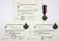 Deutschland
Drittes Reich, 1933-1945
3 X Ehrenkreuz für Frontkämpfer, jeweils mit Verleihungsurkunde. vorzüglich