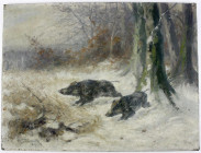 Bilder
Ölbilder und Gemälde
Gemälde "Wildsauen auf Waldlichtung im Schnee" 1923 von Fritz Schürmann (1863-1927 Düsseldorf). Öl auf Leinwand. 61 X 81...