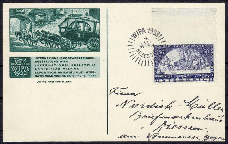 Ausland
Österreich
Postwertzeichen-Ausstellung WIPA in Wien 1933, gew. Papier,...