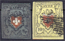 Ausland
Schweiz
5 Rp. + 10 Rp. Freimarke Rayon I 1850, zwei gestempelte Werte bestens geprüft ABT BPP. Mi. 610,-€. gestempelt. Michel 7 II + 8 II....