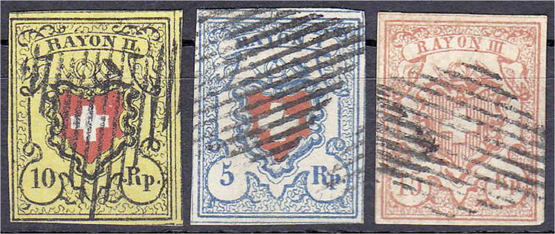 Ausland
Schweiz
10 Rp. + 5 Rp. + 15 Rp. Freimarke 1850/1852 drei gestempelte W...