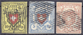Ausland
Schweiz
10 Rp. + 5 Rp. + 15 Rp. Freimarke 1850/1852 drei gestempelte Werte geprüft Pfenninger. Mi. 390,-€. gestempelt. Michel 8 II + 9 II + ...