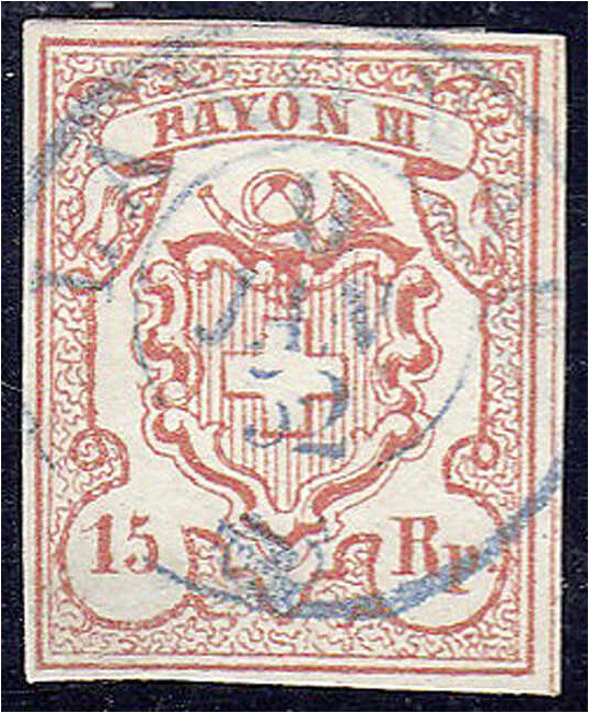 Ausland
Schweiz
15 Rp. Freimarke Rayon III 1852, zentrisch gestempeltes Luxuse...