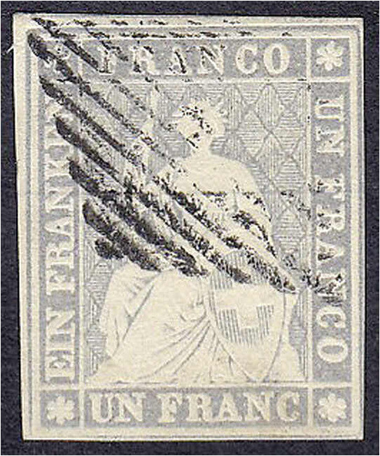 Ausland
Schweiz
1 Fr. Sitzende Helvetia 1854, violettgrau, sauber gestempeltes...