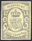 Deutschland
Altdeutschland
Oldenburg
3 Gr. Staatswappen mit Herzogkrone 1859, ungebraucht ohne Gummi, signiert Köhler. Mi. 700,-€. (*) Michel 8.