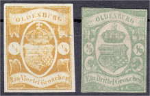 Deutschland
Altdeutschland
Oldenburg
1/4 Gr. + 1/3 Gr. Staatswappen mit Herzogkrone 1861, je ungebraucht ohne Gummi, signiert. Mi. 440,-€. (*) Mich...