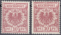 Deutschland
Deutsches Reich
10 Pf. Reichspost 1889, rotkarmin und lilarot, postfrische Erhaltung, je tiefst geprüft Jäschke-L. BPP. Mi. 550,-€. ** M...