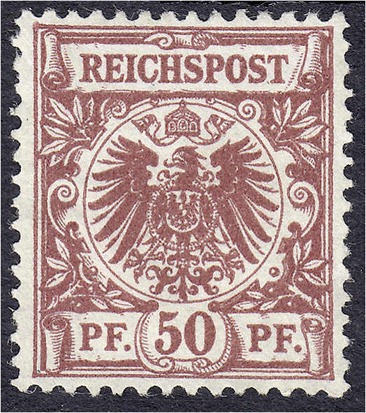 Deutschland
Deutsches Reich
50 Pf. Reichspost 1889, (lebhaft) bräunlichrot, un...