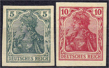 Deutschland
Deutsches Reich
5 und 10 Pfg. Kriegsdruck 1915, ungezähnte Versuchsdrucke auf ungummiertem Papier in fehlerfreier Erhaltung. Mi. 300,-€....