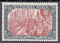 Deutschland
Deutsches Reich
5 M. grünschwarz/dunkelkarmin 1915, das Prüfstück ist echt, Zähnung 26:17, postfrisch mit Originalgummierung und befinde...